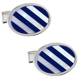 ブルー ブラック ストライプ チェック オーバル シェル カフス カフスボタン カフリンクス (ブルー ストライプ)