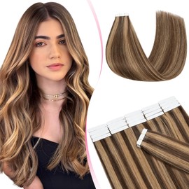 MY-LADY Human Hair Tape in Extensions - 20pcs Highlighted Invisible Seamless Remy Real Hair Straight #4/27 Medium Brown Mix Dark Blonde - 20 Inch 50g