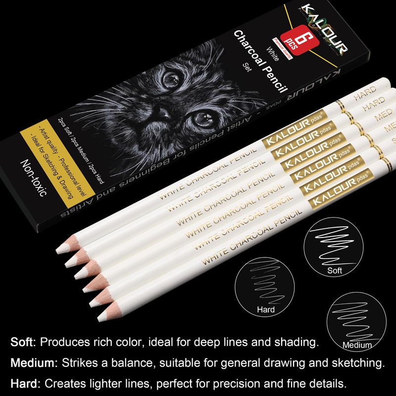 KALOUR White Charcoal Pencils Drawing Set, Professional 6 Pieces White
