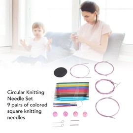 Square Circular Needles Set, 9 Pairs Ergonomic Aluminum Knitting Needles with Flexible Cables for Small Projects, Clear Size Markings Smooth