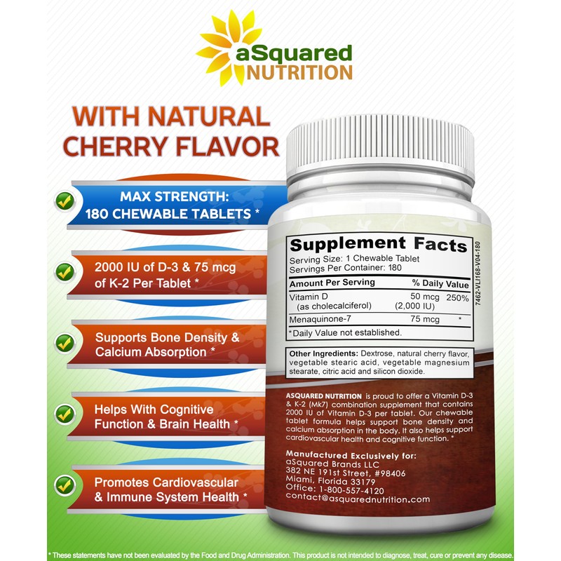 aSquared Nutrition Vitamin D3 with K2 Supplement-180 Chewable Tablets, Max