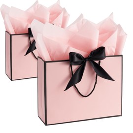 LOOKSGO 2PCS Gift Bags with Ribbon and 2 Greeting Cards 4 Tissue Paper Large Reusable Present bag with Handles for Wedding Birthday Party Mothers Day