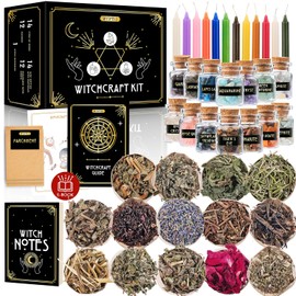 Wyspell Witchcraft Supplies Kit - 54PCS - Witch Kit for Altar: Spell Candles, Dried Herbs, Healing Crystals in Jars - Wiccan Supplies & Tools - Witchy Gifts for Beginners