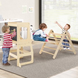 Olakids Climbing Toys for Toddlers, 8 in 1 Foldable Wood Pikler Montessori Jungle Gym with Toddler Tower Angle Adjustable Ladder Ramp Slide, Indoor Kids Playground Climber Triangle Set