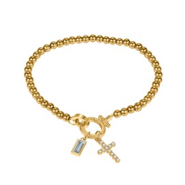 Leaocean Cross Charm Birthstone Bracelet for Women-18K Gold Plated Stainless Steel Beaded Chain Blue Crystal Gemstone & CZ Cross Adjustable Faith Bracelet for Everyday Birthday & Religious Gifts (March)