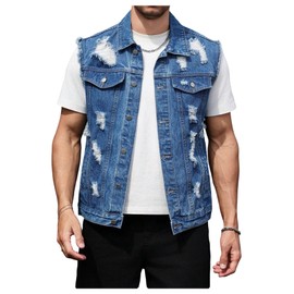 Floerns Men's Distressed Ripped Jean Vest Sleeveless Button Front Denim Vest Jacket Blue Small