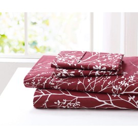 Spirit Linen Home 4pc Bed Sheets Set Printed Beautiful Foliage Design 1800 Bedding Soft Microfiber Sheet with Fitted Sheet and Pillowcases (Queen, Burgundy White)