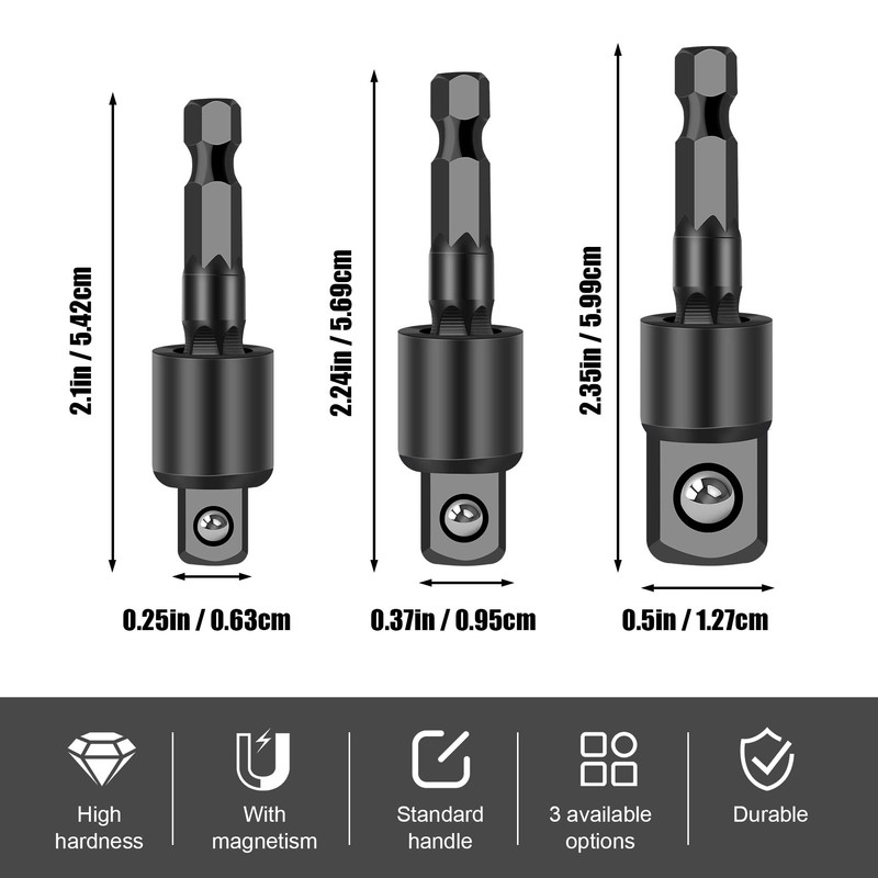 Pyatofyy 3 Pcs Drill Socket Adaptor Set, 1/4", 3/8", 1/2"