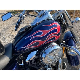 Universal Cherry Red Motorcycle Flame Decals with White Pinstripe - 6PC Set for Gas Tanks and Fenders | Fits Harley Honda Shadow Kawasaki Vulcan Yamaha V Star Bobber kit Chopper (Big6RW)