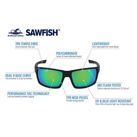 Bullhead Safety Eyewear Sawfish Safety Glasses, Precision Lens, Performance Fog Technology, Green Mirror Lens, Matte Black Frame