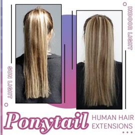 Hetto Clip in Ponytail Extensions Wrap Around Real Hair Ponytail Extensions #4 Brown Highlight #27 Blonde Human Hair Ponytail Hair Extensions Natrural Straight 70g 14Inch