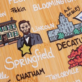 Totally Bamboo Illinois State Shaped Cutting Board and Charcuterie Serving Platter with Artwork by Fish Kiss, Includes Hang Tie for Wall Display