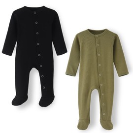 ACESTAR Baby Footed Pajamas with Mittens Cuffs, 2 Pack - Cotton Long Sleeve Baby Snap-Up Footed Sleeper for Sleep and Play (6-9 Months, Black&Army Green)