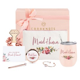CARAKNOTS Maid of Honor Proposal Gifts Will You Be My Maid of Honor Pink Bridesmaid Proposal Gifts Box for Wedding Bridal Bachelorette Party Favor Stainless Steel Wine Tumbler 12 oz