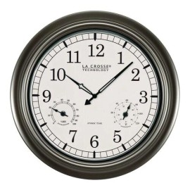La Crosse Clock Co. 18" Pewter Battery Outdoor Atomic Wall Clock 4 Time Zone Thermometer Hygrometer
