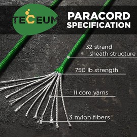 TECEUM Paracord Type IV 750 lb Green – 50 ft – 4mm – 100% Nylon Strong Tactical MIL–SPEC Parachute Cord – Survival Rope Emergency para Cord 11 Strands Core EDC Camping Hiking Military Gear 025a