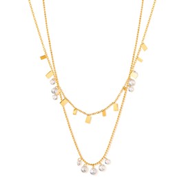 Deelfel Women's Necklace, Gold, Stainless Steel, Double Chain, Cubic Zirconia, Square & Drop Charm, Stackable Style, Delicate Design, Date, Birthday Gift, Gift, Stainless Steel Cubic Zirconia, Cubic