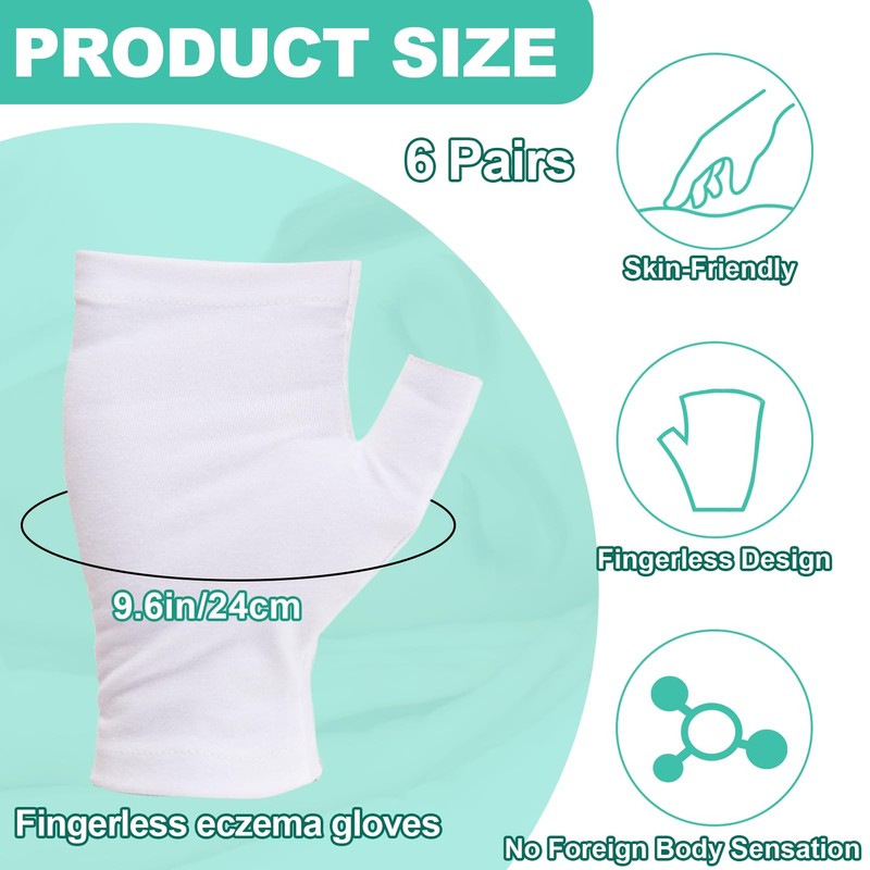 6 Pairs Fingerless Eczema Gloves, Soft White Cotton Gloves for