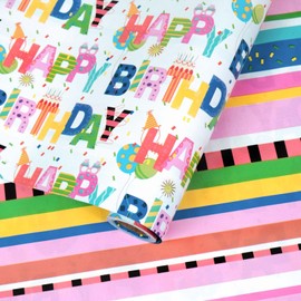 LUVONA Reversible Birthday Wrapping Paper,Gift Wrapping Paper Roll,Wrapping Paper -Mini Roll- 17 Inch X 33 Feet(47 sq ft)- Colorful Happy Birthday Pattern For Boys Girls, Party, Baby Shower