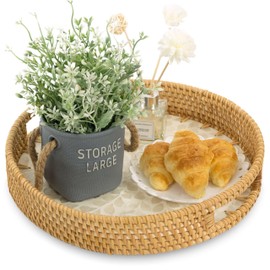 KOLWOVEN Round Rattan Tray with Handle, Rattan Serving Tray with Mother of Pearl Inlay Wooden Base, Decorative Wicker Basket for Table Decor (White Leaves)