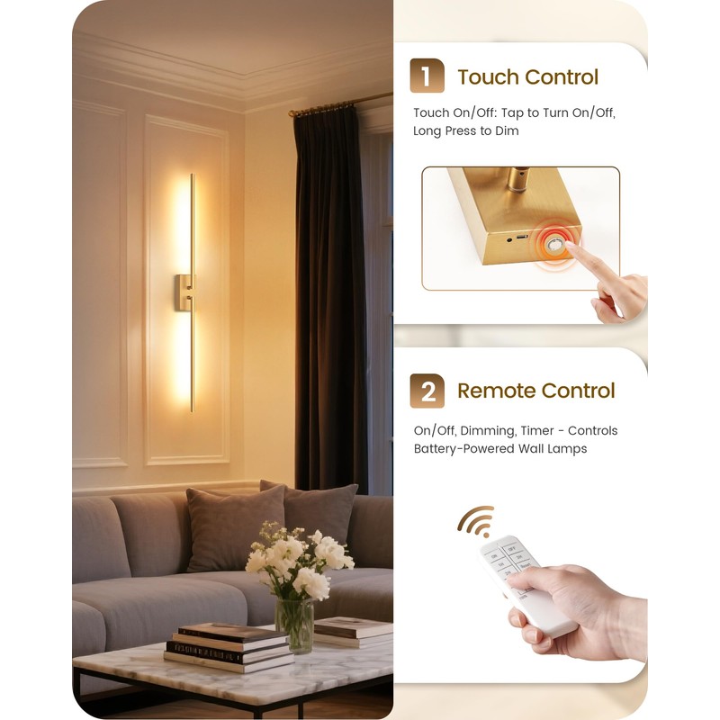 GOEBLESON 38.6" Wireless Battery Operated Wall Sconces Set of Two,Rechargeable
