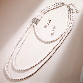 Ever Faith Women's Crystal Cream Simulated Pearl Vintage Wedding Floral 3 Strands Necklace Earrings Set