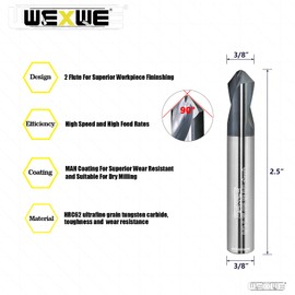 WEXWE Tools Chamfer End Mill,Drill Tip with Cutting Edge for Carving, Drilling and Chamfering Suit for Alloy Steel, Hardened Steel, 90 Degree 2 Flute(3/8-2.5"-2CPS)