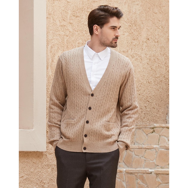 Kallspin Men's Cardigan Sweater Wool Blend V Neck Cable Knit