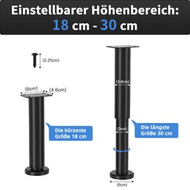 VETIN Pack of 2 Adjustable Furniture Feet, Height Adjustable 18-30 cm, Metal Black Furniture Legs, Furniture Legs for Cabinet, TV Cabinet, Bed, Sofa, Bedside, Chair, Bathroom Cabinet