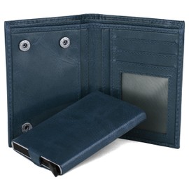 Hudson & James Slim Leather Holder Wallet Mens Minimalist Wallet Pop Up Design, RFID Blocking Metal Bank Card Case with Coins Pocket, ID Window, Hold up to 10 Cards (Blue)