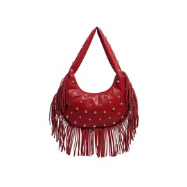 MakeMeChic Women's Studded Faux Leather Shoulder Bag Zipper Fringe Y2k Underarm Handbag Purse, Burgundy, One Size, Soft