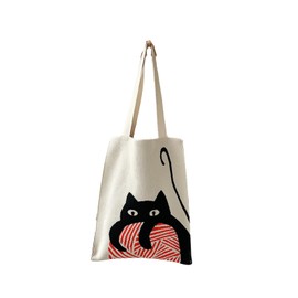 EZ PEACH Women's Tote Bag, Knit Bag, Large Capacity, Mother's Bag, Shoulder Bag, A4, Eco Bag, Handbag, Animal, Cat Bear, Panda, Cute (Cat/Beige)