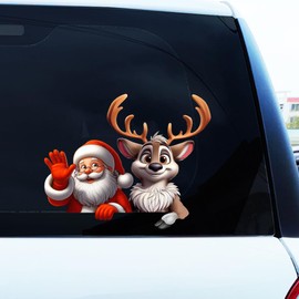 Christmas Car Decals Stickers,Santa Claus Snowman Christmas Stickers Removable,Christmas Holiday Wall Window Clings Decals Merry Christmas Winter Decals (Waving Santa Claus Elk)