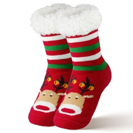 wipalor Christmas Socks for Women Mens with Non-Slip Grippers, Fuzzy Fluffy Winter Soft Warm Funny Christmas Socks with Cute Rudolph Reindeer, Holidays Gifts Cozy Thermal Fleece Lined Slipper Sock