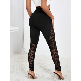SweatyRocks Women's Casual High Waist Floral Lace Side Leggings Solid Skinny Workout Yoga Pants Black M