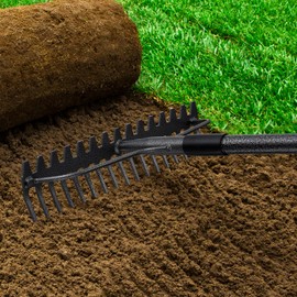 49" Rake - 17" Extra Wide Garden Tool with Double-Sided Head, Heavy Duty Lightweight Stainless Steel Construction for Mulching & Debris Removal, Leveling Lawn, Loosening Soil, Leaf Cleanup, Soil Prep