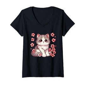Womens Cute Kawaii Cat with Cherry Blossoms Anime Cartoon Design V-Neck T-Shirt