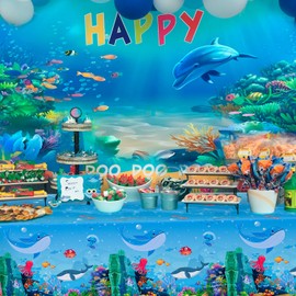 Huxolynifty Under The Sea Tablecloth, 3 Pcs Sea Animal Table Cloth, Underwater Creatures Tablecloth & Ocean Table Cloth, for Under The Sea Party Decorations Supplies