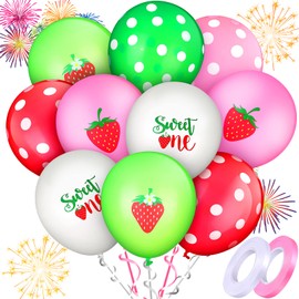 60 Pcs Strawberry Balloons Strawberry Birthday Party Decorations Sweet One Shortcake Balloons with 2 Roll Ribbons for Kids Summer Fruit Party Supplies