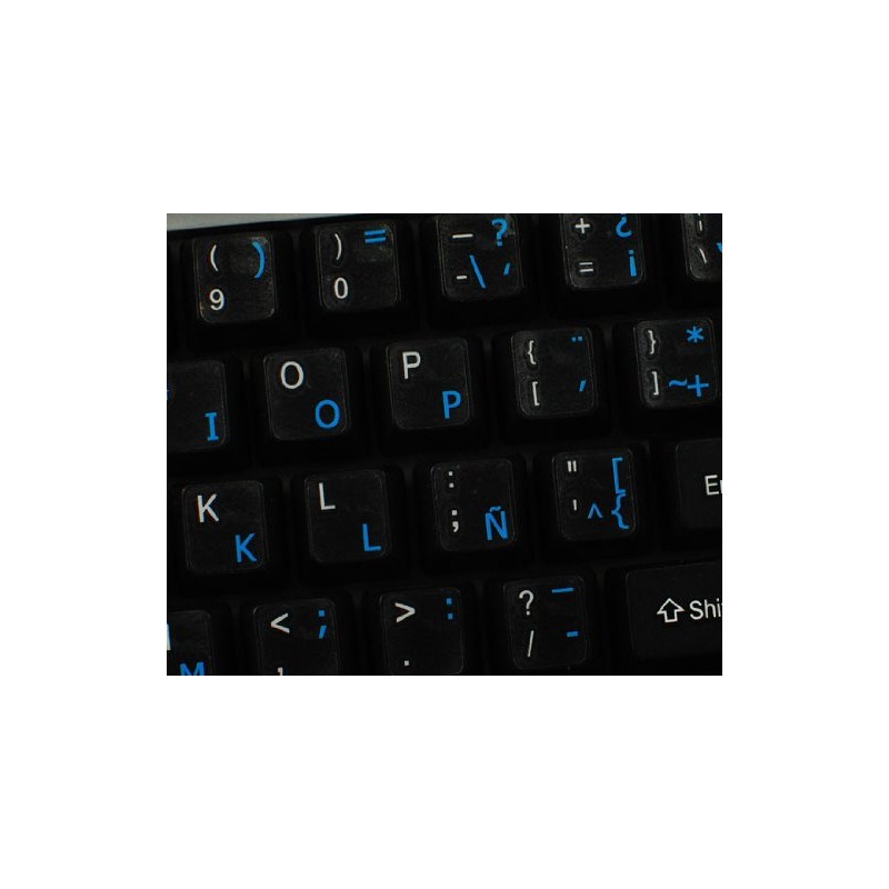 Spanish (Latin American) Keyboard Sticker with Blue Lettering Transparent Background
