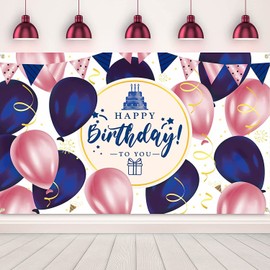 Ulikitty Happy Birthday Banner Navy Blue & Rose Gold, Elegant Birthday Occasion, Polyester Material, Large Size 71x44Inch