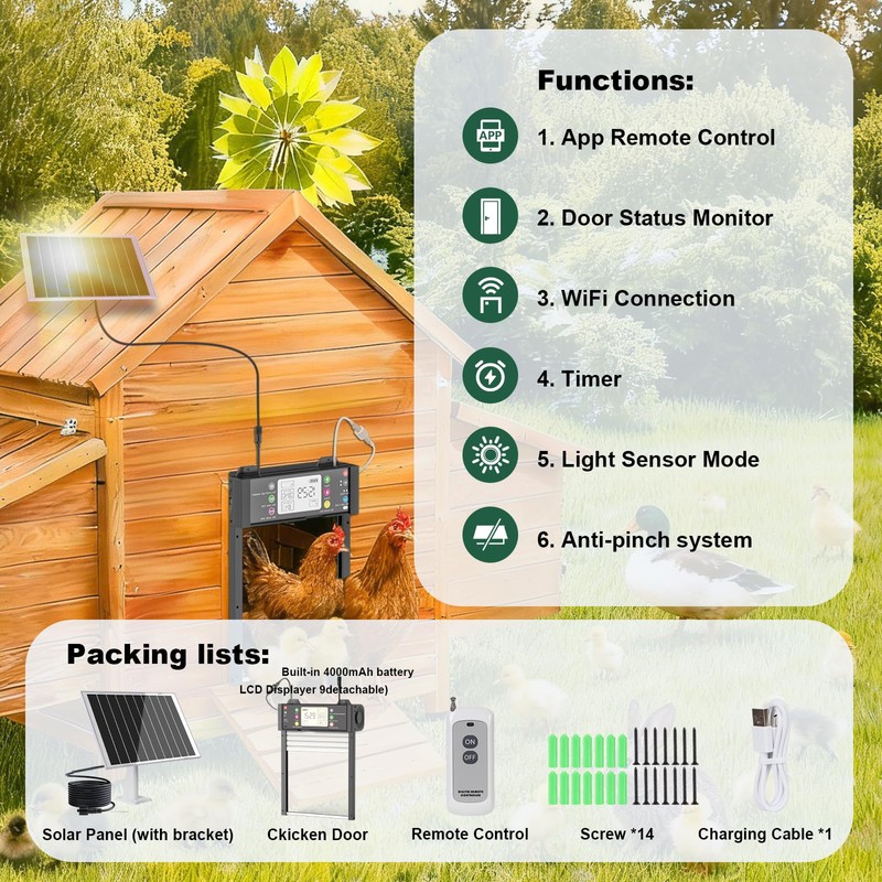Automatic Chicken Coop Door, Smart TUYA APP Controlled, WiFi Enabled,