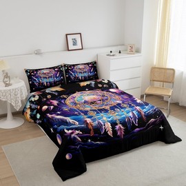 Dream Catcher Boys Girls Comforter Set,Fantasy Galaxy Universe Sky Duvet Set for Room Decor,Mysterious Dreamcatcher Pattern Brushed Microfiber Soft Quilt Cover,Full