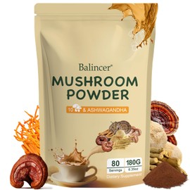 Balincer Mushroom Powder Supplement with 10 Mushrooms and Ashwagandha - Support Immunity, Gut Health & Stress Relief, 6.35 oz (80 Servings)