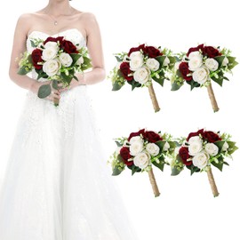 HOMENERGY Set of 4 Bridesmaid Bouquets for Wedding - 7 Inch Artificial Wedding Flower Bouquet for Party Ceremony Anniversary Dinning Table Centerpieces Decor - Burgundy & White