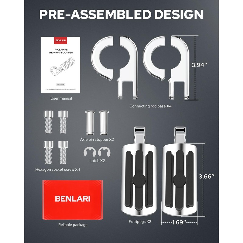 Benlari Highway Pegs A3 Steel Motorcycle Foot Pegs For 1.25"