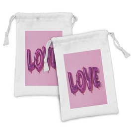 Ambesonne Love Fabric Pouch Set of 2, Romantic Written in Fuchsia Balloons Celebration Valentine's Day Anniversary Party Theme, Small Drawstring Bag for Toiletries Masks and Favors, 9" x 6", Pink