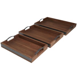 Deco 79 Wood Living Room Decor Tray Ottoman Tray with Black Metal Handles, Set of 3 Serving Tray 18", 20", 16" W, Brown