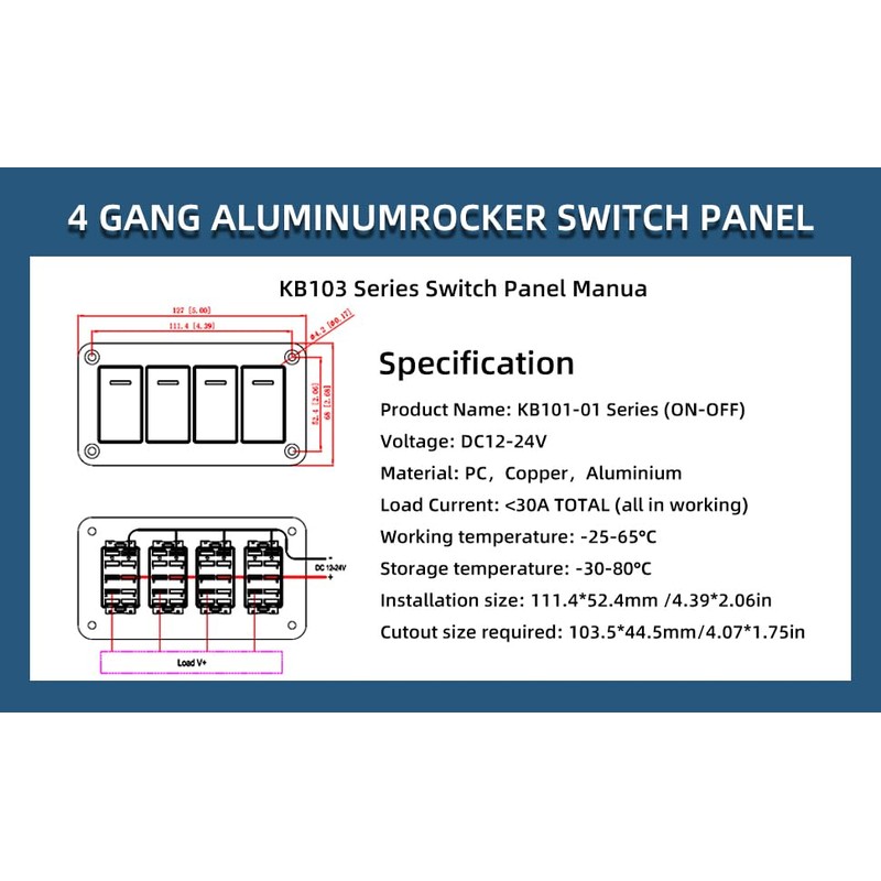 GGTA 4 Gang Rocker Switch Panel Waterproof，12v-24v Aluminum Waterproof Boat