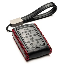 Vitodeco Genuine Leather Smart Key Fob Case - Compatible with Jeep Wagoneer, Grand Wagoneer, Grand Cherokee 2022-2025 (New 5-Button, Black/Red)